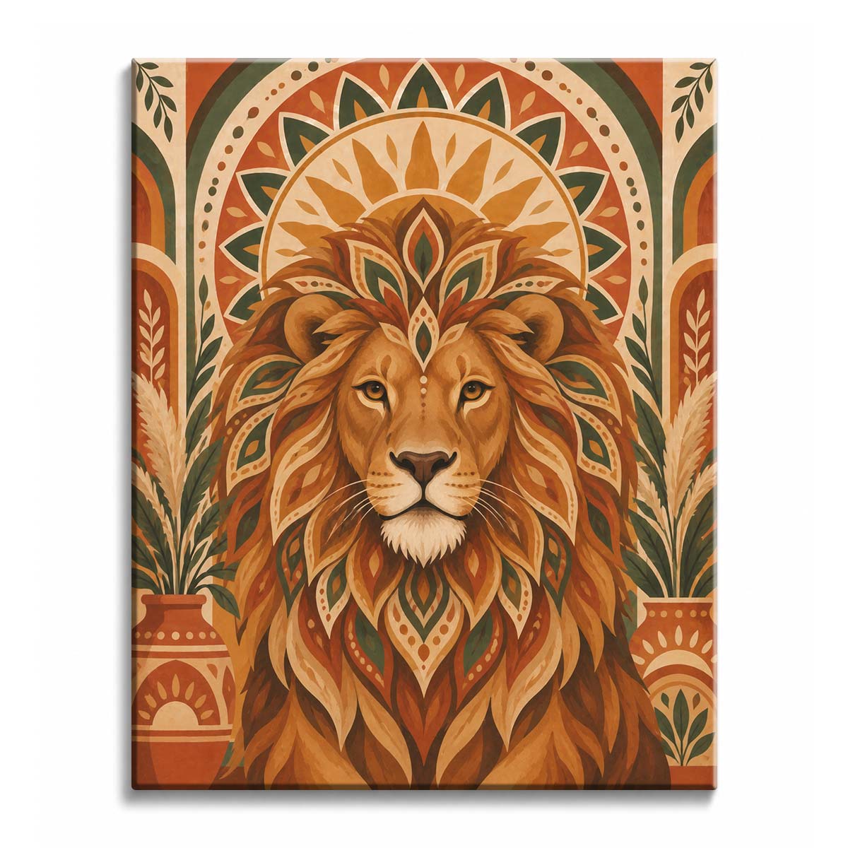 Inside a terracotta folk setting, a boho lion paint by numbers design shows a golden lion before a sun medallion, with sage leaves worked through the mane.