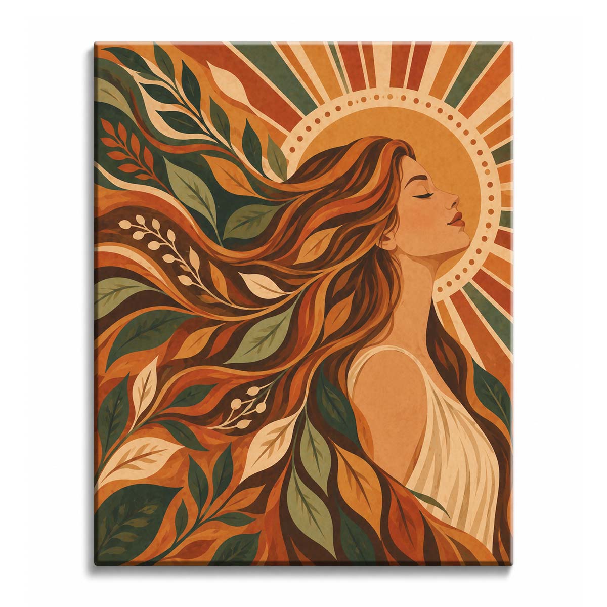 A boho woman paint by numbers design with flowing auburn hair, leafy folk forms, and a circular sunburst behind her profile.