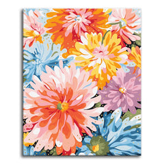 A full-canvas burst of oversized dahlias and daisies in coral, pink, yellow, and blue with gold dot accents, shown as a paint by numbers canvas.