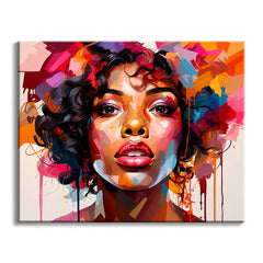 A woman paint by numbers design showing her face built from patches of coral, blue and peach against splashes of magenta and orange with running drips.