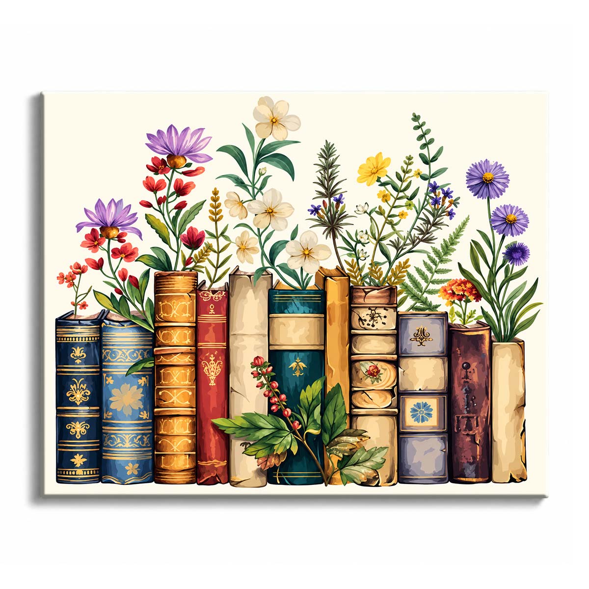 Books and flowers fill a paint by numbers design with decorated old hardcovers, wildflowers, herbs, and leafy stems against a cream ground.
