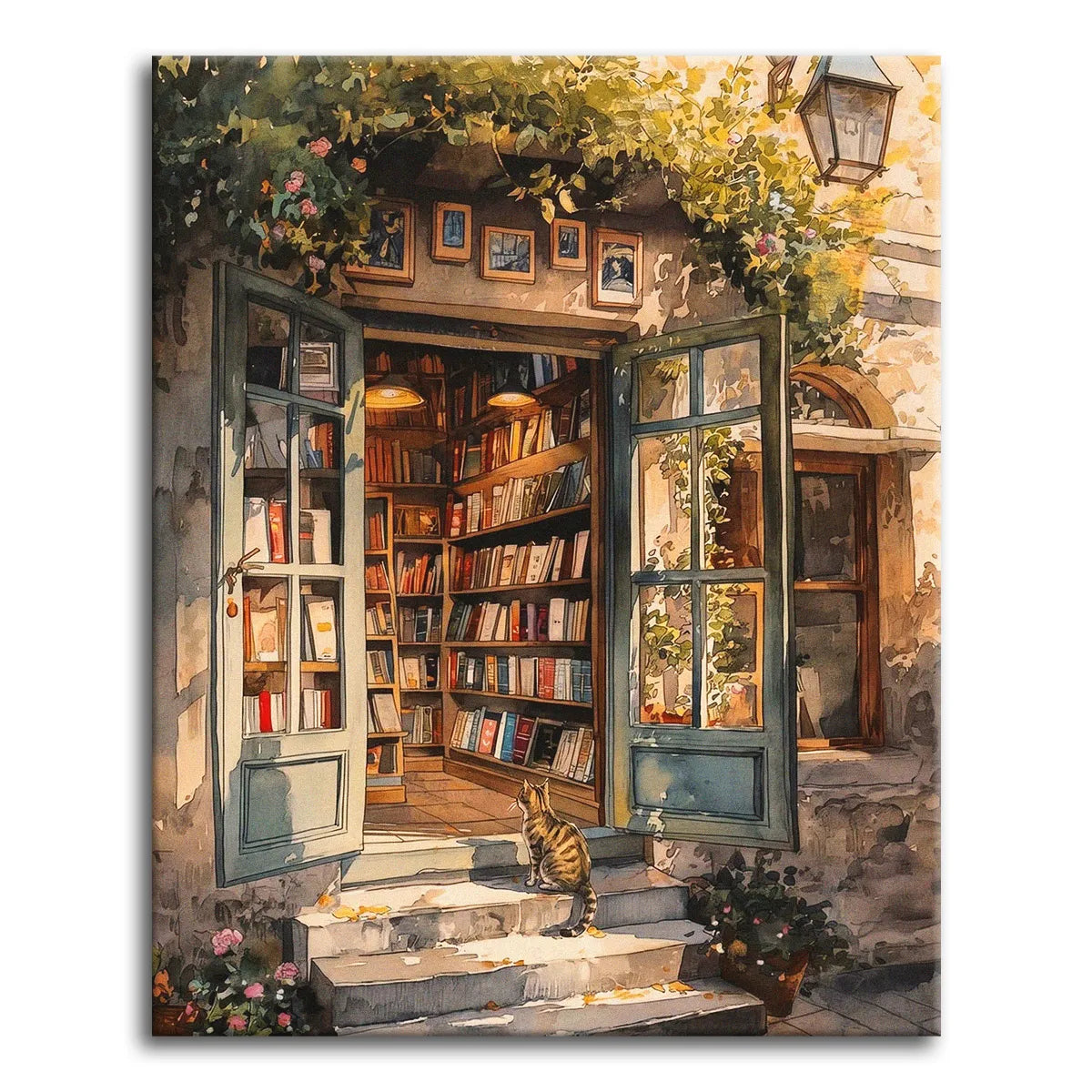 A soft watercolor-style paint by numbers scene of a tabby cat sitting on the stone step of a cozy old bookshop with open glass doors, packed bookshelves, a hanging lamp, and trailing roses overhead.