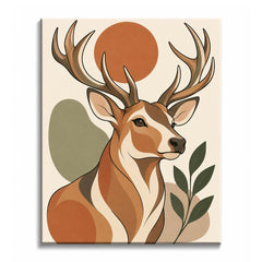 Branching antlers rise above a stag portrait in a paint by numbers design, framed by rust circles and muted olive leaves.