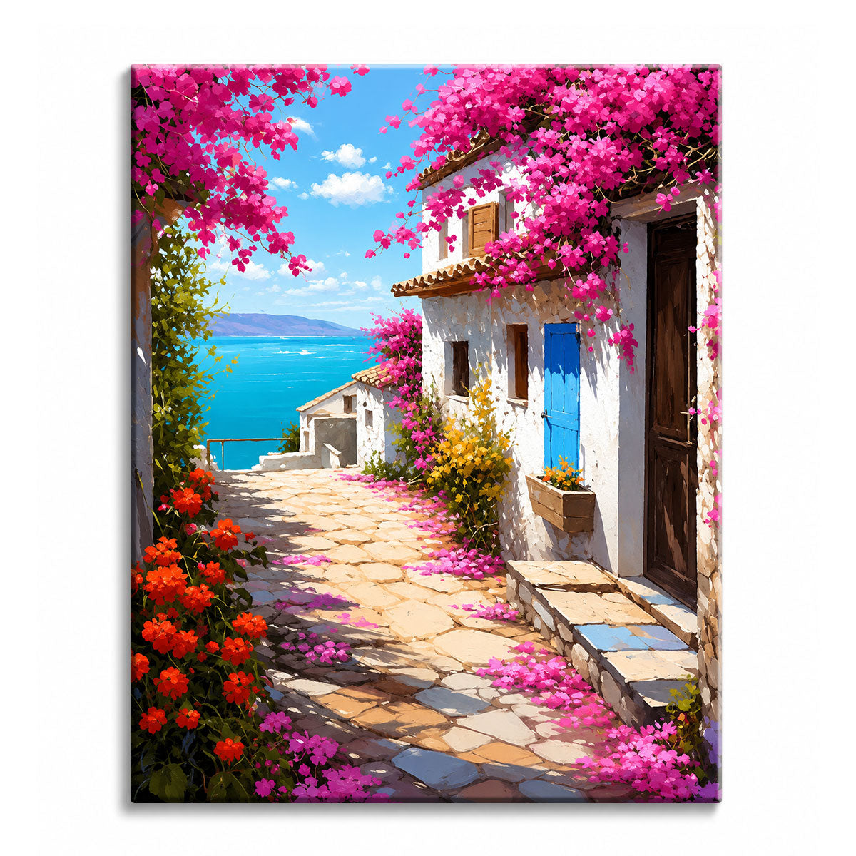 A stone village lane covered in pink bougainvillea petals leading to a turquoise sea view, painted as a paint by numbers canvas.