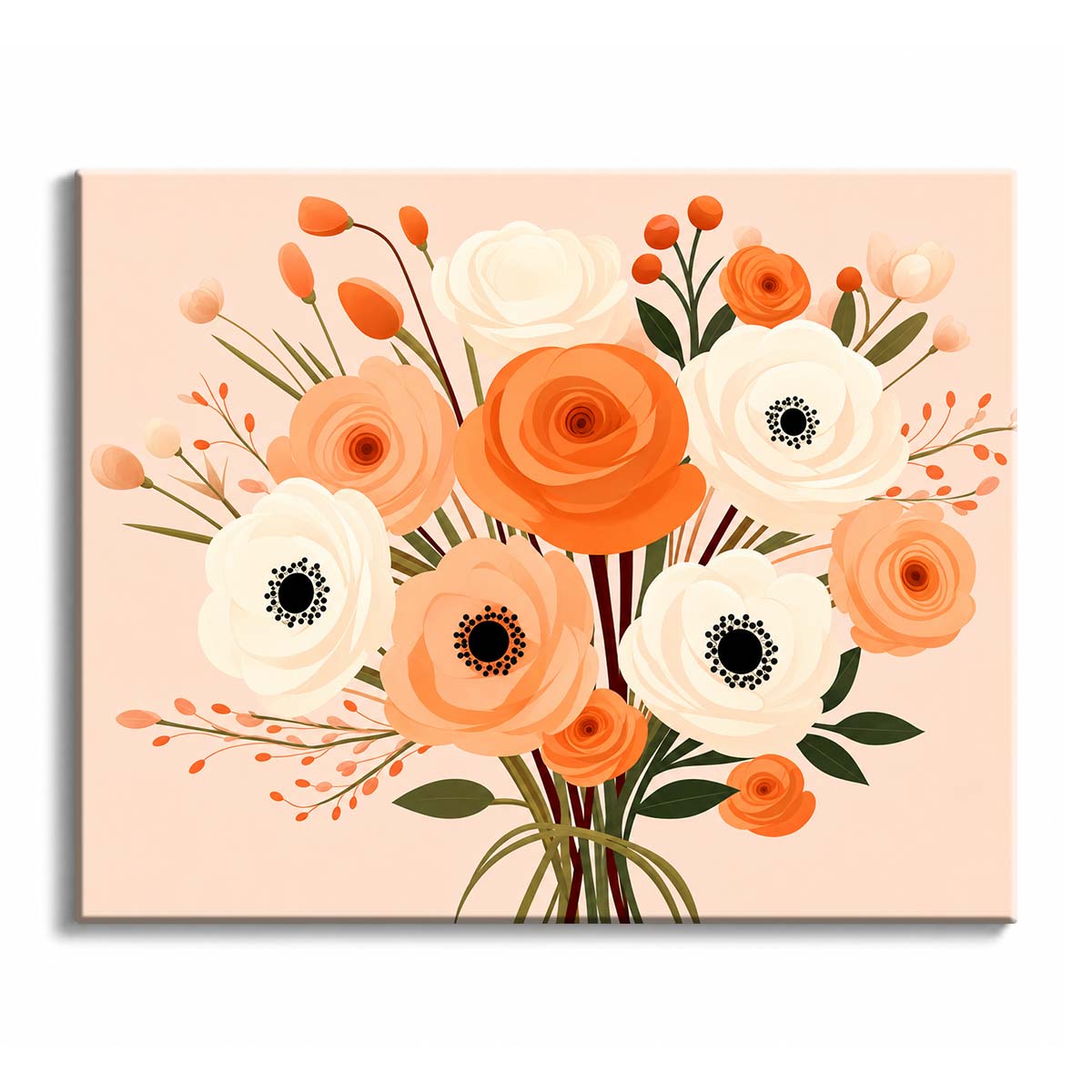 A bouquet of peach, orange and cream roses and anemones on a blush background, in a paint by numbers design.