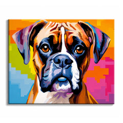 A colorful dog paint by numbers design of a boxer portrait painted in flat blocks of fawn, blue and white against a bright stepped background.