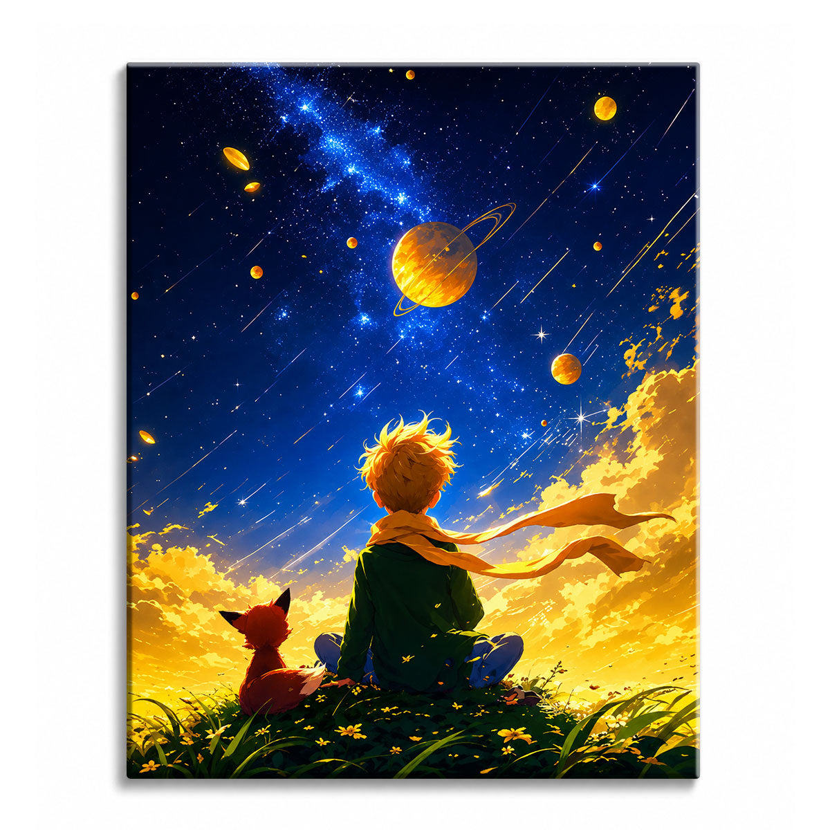 A boy in a green jacket with a yellow scarf sitting in grass beside a small fox, watching planets and shooting stars in a night sky, shown as a paint by numbers canvas.