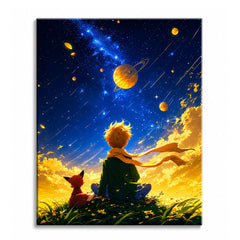 A boy in a green jacket with a yellow scarf sitting in grass beside a small fox, watching planets and shooting stars in a night sky, shown as a paint by numbers canvas.