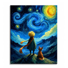 A boy in a green cloak with a golden scarf standing beside a small fox on a mountain ridge under a swirling blue starry sky, shown as a paint by numbers canvas.