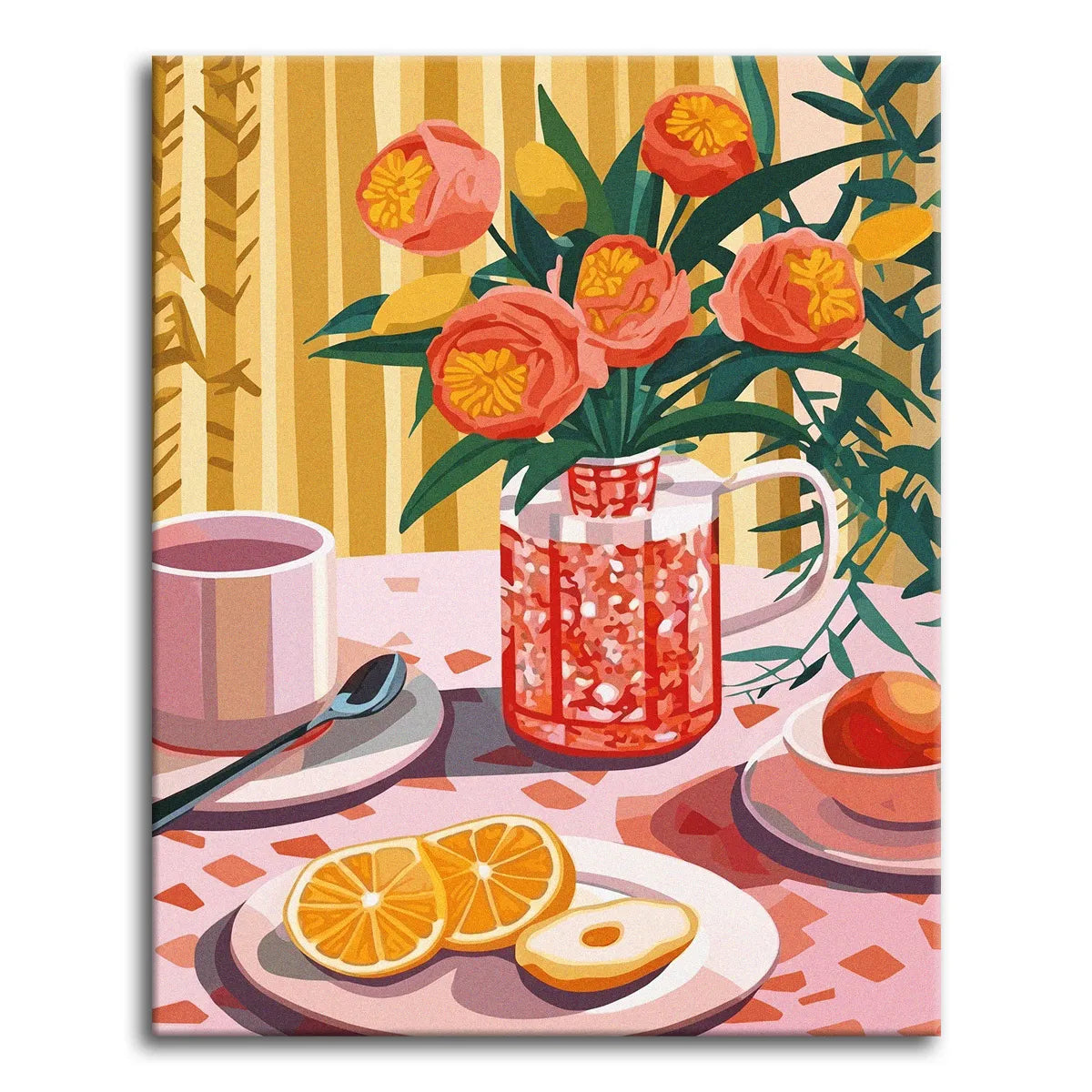 A paint by numbers breakfast still life with coral flowers in a red pitcher, a mug, orange slices, and a peach on a pink table.