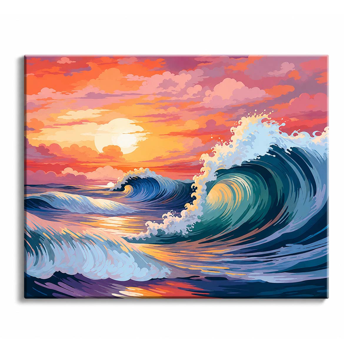A large wave curls and breaks into white foam, its face lit gold from within, beneath a sunset sky of orange, red and pink clouds.