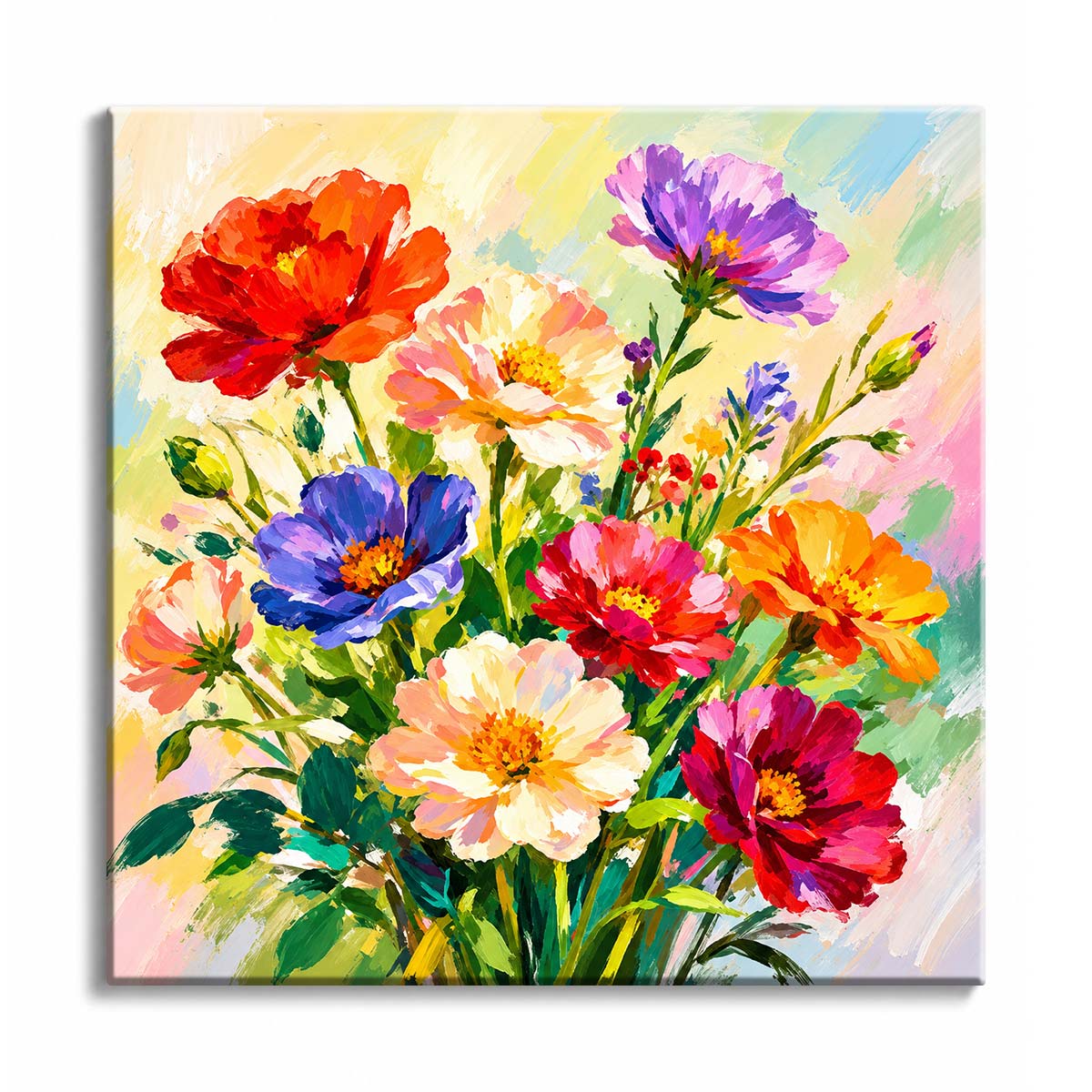 A painterly bouquet of red, violet, coral, cream, and orange flowers with green stems on a pale background in a mini paint by numbers design.