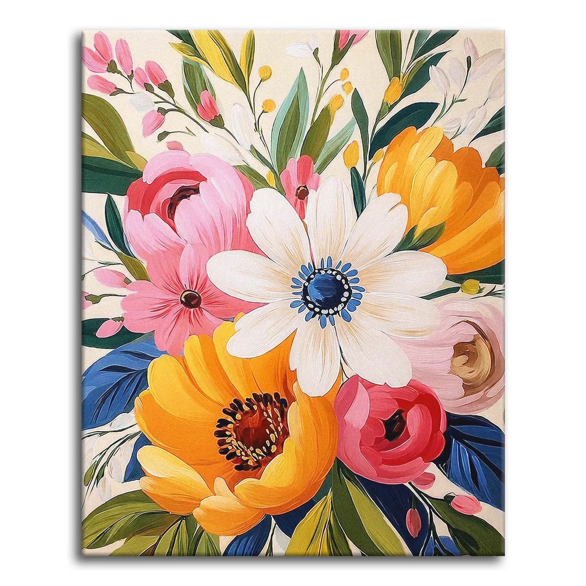 A bold bouquet of coral, marigold, and cream flowers with a white daisy and blue center on a warm cream background, shown as a paint by numbers canvas.