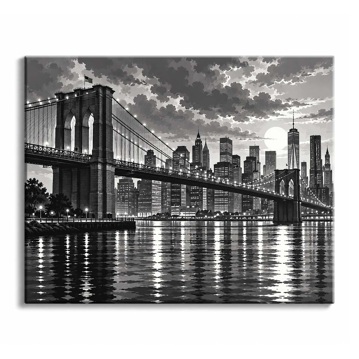 A black and white Brooklyn Bridge paint by numbers design showing stone towers, a New York skyline and a full moon above lamp reflections in the river.