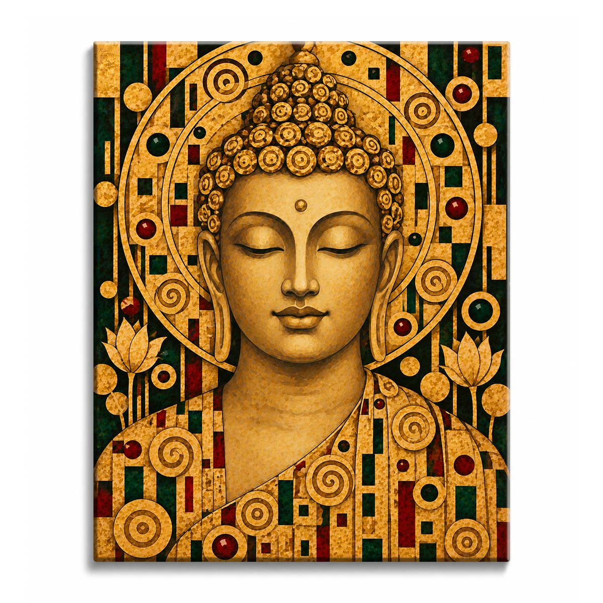 A Buddha paint by numbers design showing a serene golden face with closed eyes, ringed by a spiral halo and mosaic robe.