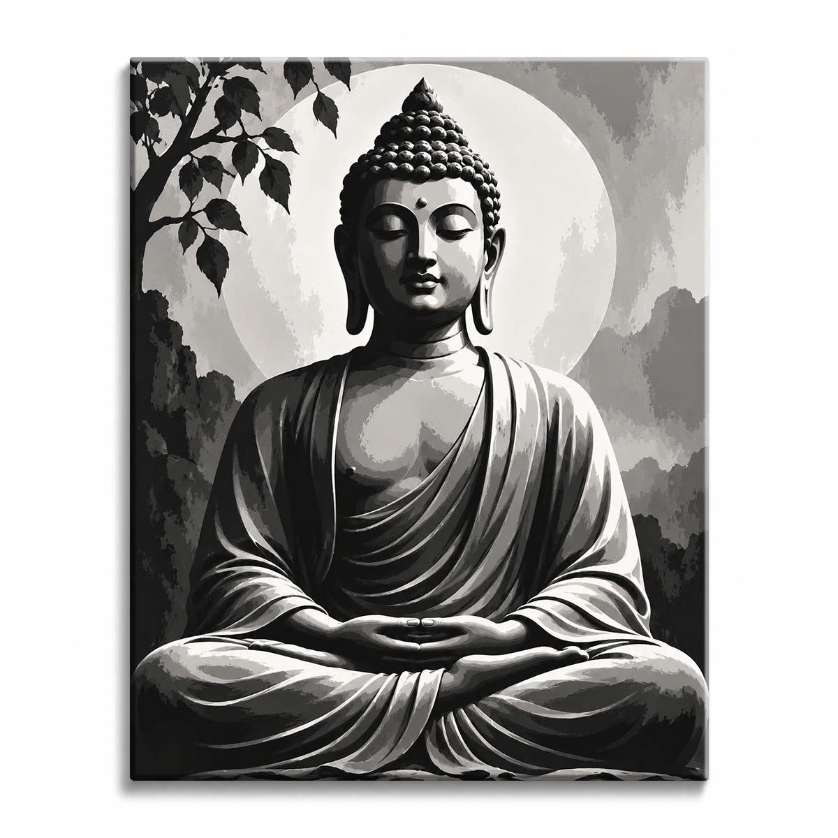 In front of a pale halo and beneath a leafy branch, a seated Buddha with closed eyes and folded hands, rendered in black and white as a paint by numbers design.