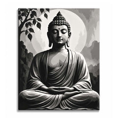 In front of a pale halo and beneath a leafy branch, a seated Buddha with closed eyes and folded hands, rendered in black and white as a paint by numbers design.