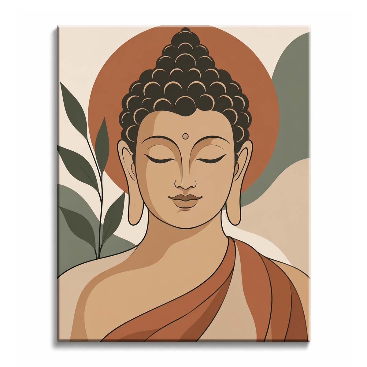 A Buddha paint by numbers design showing a head and shoulders portrait with closed eyes, coiled curls, a terracotta halo behind the head, and a dark green leaf branch at the left edge.