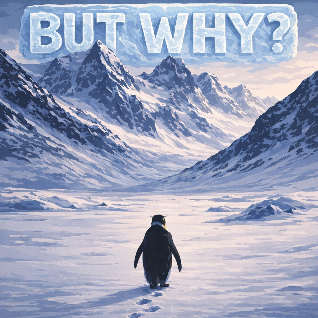 Lone penguin in a dramatic blue icy mountain valley with large BUT WHY text above paint by numbers design.You said: MUISTA JOKA IKISESSÄ TUO, ÄLÄ TEE NOITA VIRHEITÄ.
