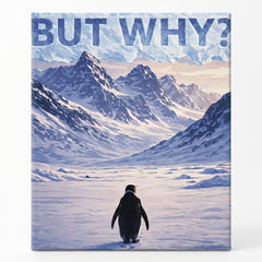 Lone penguin in a soft painterly arctic valley with warm light on mountain peaks and BUT WHY text above paint by numbers design.