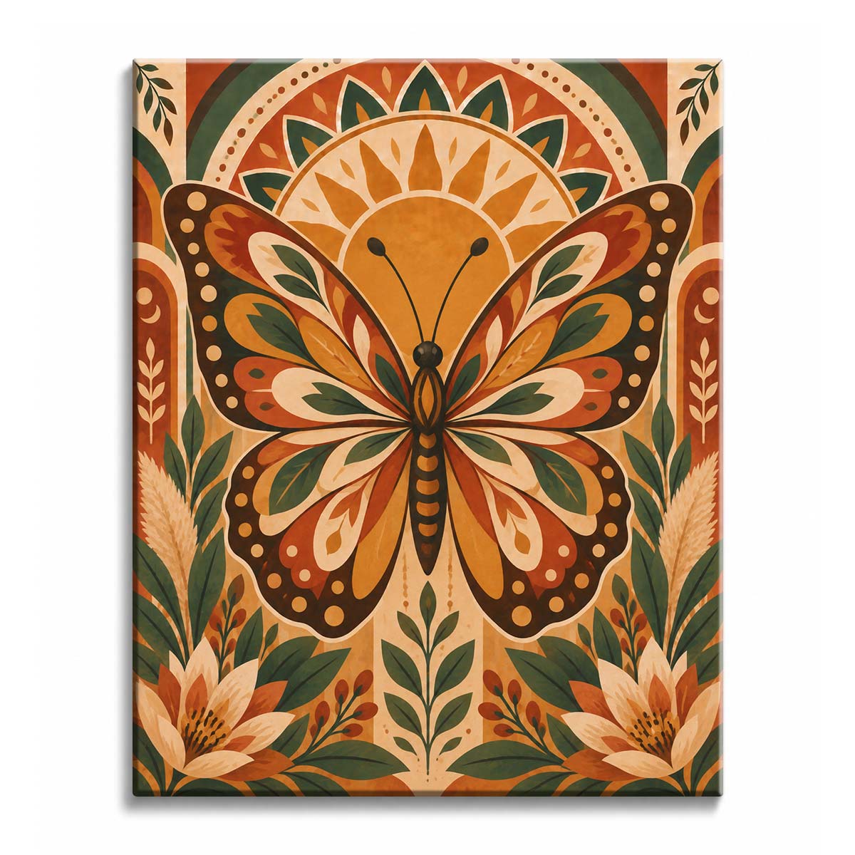 An open-winged butterfly above cream blossoms and dark green foliage, with leaf-patterned wings and a golden sunburst behind its antennae in a paint by numbers design.
