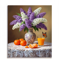 Lilacs and oranges still life paint by numbers design with vase and butterfly