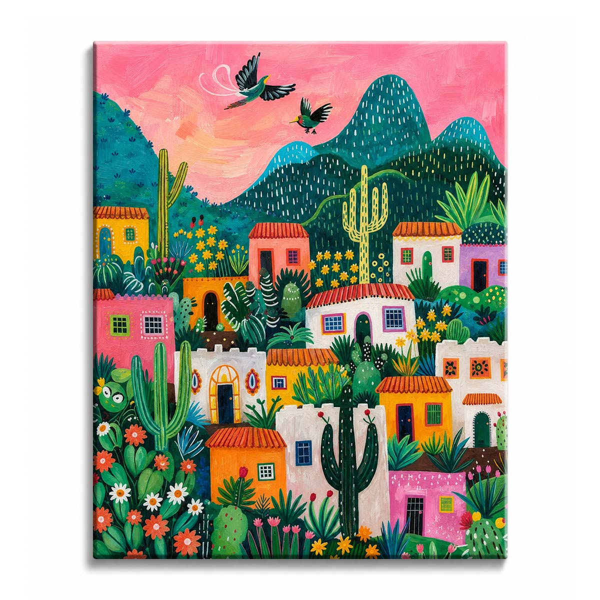 A folk art village of colorful houses among cacti and flowers below green mountains and a pink sky, in a paint by numbers design.