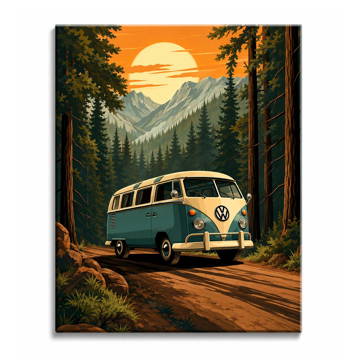 On a dirt road deep in the pines, a camper van faces the sunset with mountains behind it, in a paint by numbers design.