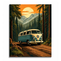 On a dirt road deep in the pines, a camper van faces the sunset with mountains behind it, in a paint by numbers design.