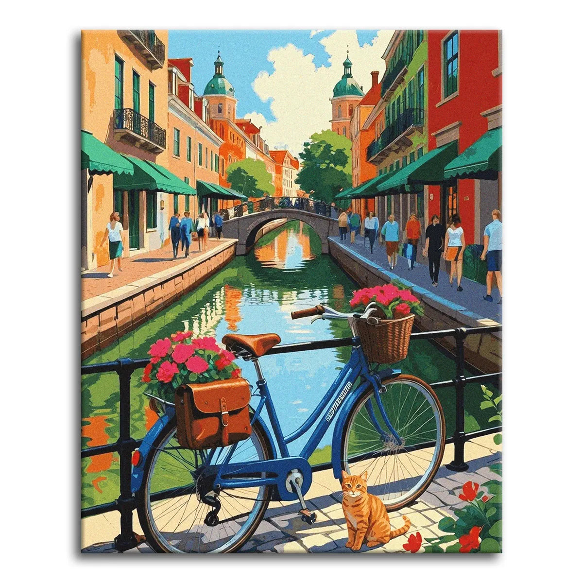 A paint by numbers canvas of a blue bicycle with pink flowers leaning on a canal railing, a ginger cat beside it, and a sunny European street with green awnings behind.