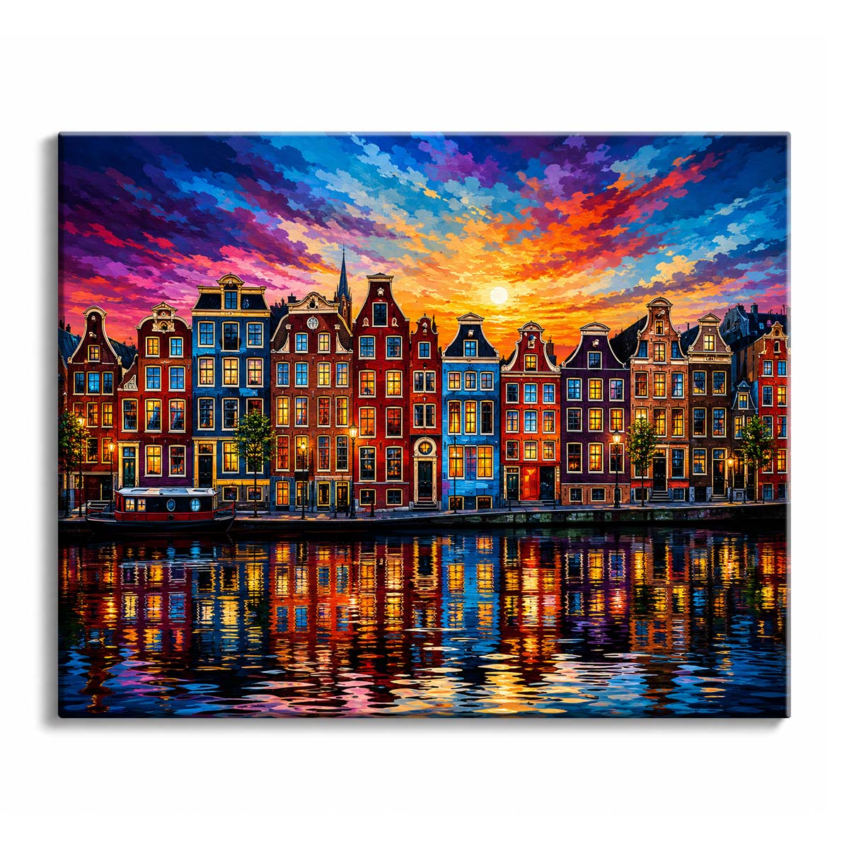 Rows of colorful gabled canal houses with lit windows reflect in the water under a magenta and orange sunset sky, in a paint by numbers design.