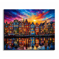 Rows of colorful gabled canal houses with lit windows reflect in the water under a magenta and orange sunset sky, in a paint by numbers design.