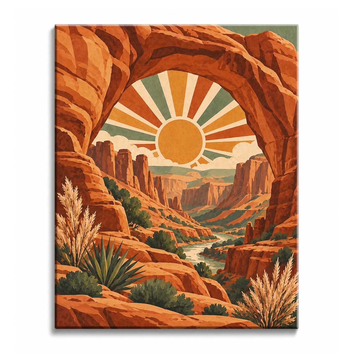 A canyon arch paint by numbers design overlooking a winding river, layered sandstone cliffs, desert plants, and a low sun in a retro desert palette.