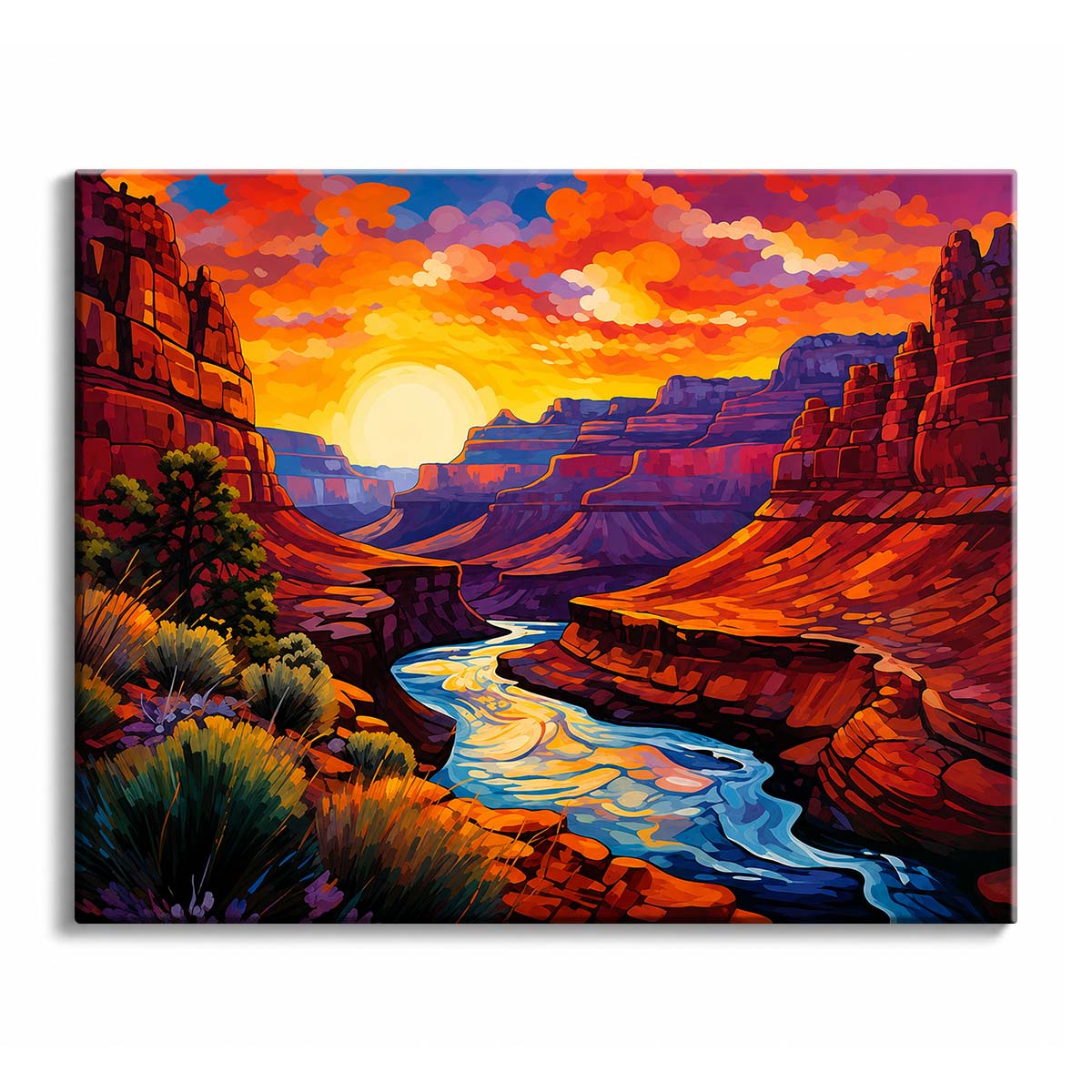A river winds between layered red and orange canyon walls beneath a setting sun and a sky of orange and violet clouds.