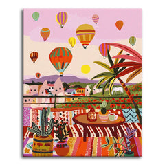 A paint by numbers canvas in maximalist boho style of a rug-layered terrace with cactuses over a poppy field, hot air balloons, and fairy-chimney houses at sunrise.