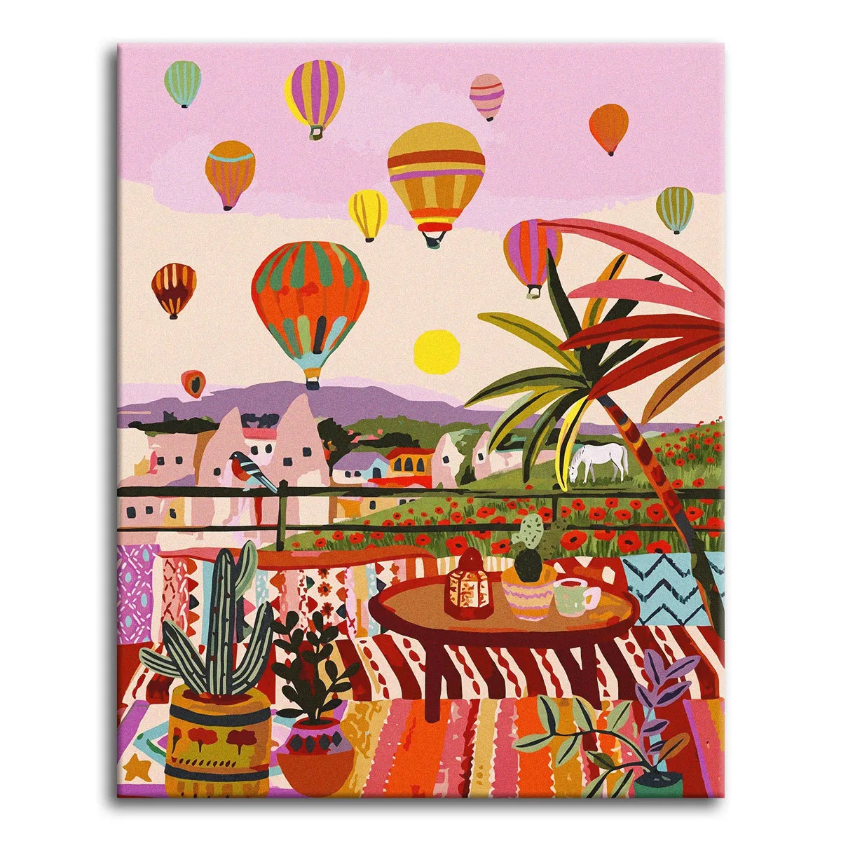 A paint by numbers canvas in maximalist boho style of a rug-layered terrace with cactuses over a poppy field, hot air balloons, and fairy-chimney houses at sunrise.