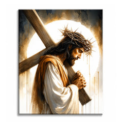 A watercolor paint by numbers canvas of Jesus carrying the cross, crowned with thorns and head bowed, before a radiant halo of light with soft golden drips.