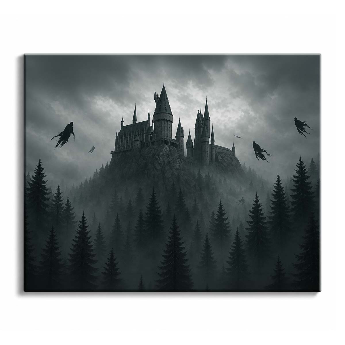 A spired castle stands on a rock above a fog-filled fir forest under heavy storm clouds, in a paint by numbers design.