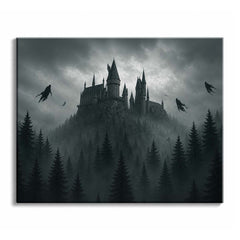 A spired castle stands on a rock above a fog-filled fir forest under heavy storm clouds, in a paint by numbers design.