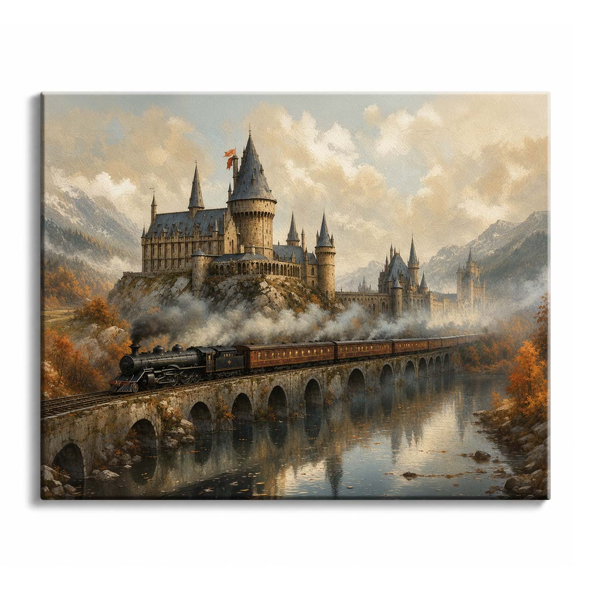 A fantasy castle rises above an autumn mountain valley as a steam locomotive crosses a long stone viaduct over reflective water.