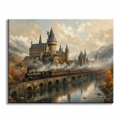 A fantasy castle rises above an autumn mountain valley as a steam locomotive crosses a long stone viaduct over reflective water.