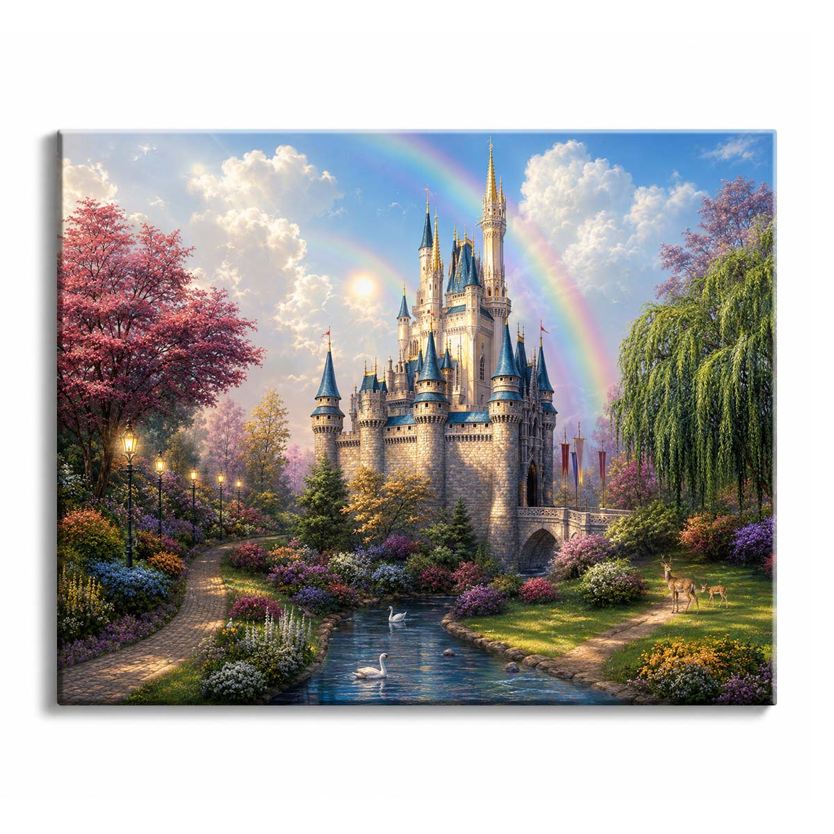 Light breaks through the clouds behind a white castle with blue roofs, a rainbow arcing over flowerbeds and a stream with swans, in a paint by numbers design.