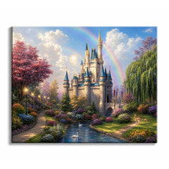 Light breaks through the clouds behind a white castle with blue roofs, a rainbow arcing over flowerbeds and a stream with swans, in a paint by numbers design.