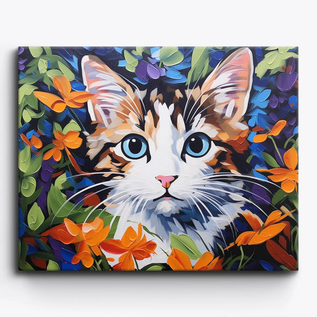 Cat with Blue Eyes in Flower Garden Paint by Numbers Kit