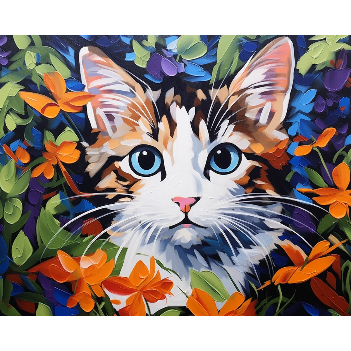 Cat with Blue Eyes in Flower Garden Paint by Numbers Kit-2