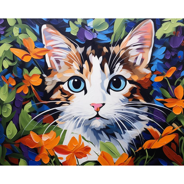 Cat with Blue Eyes in Flower Garden Paint by Numbers Kit