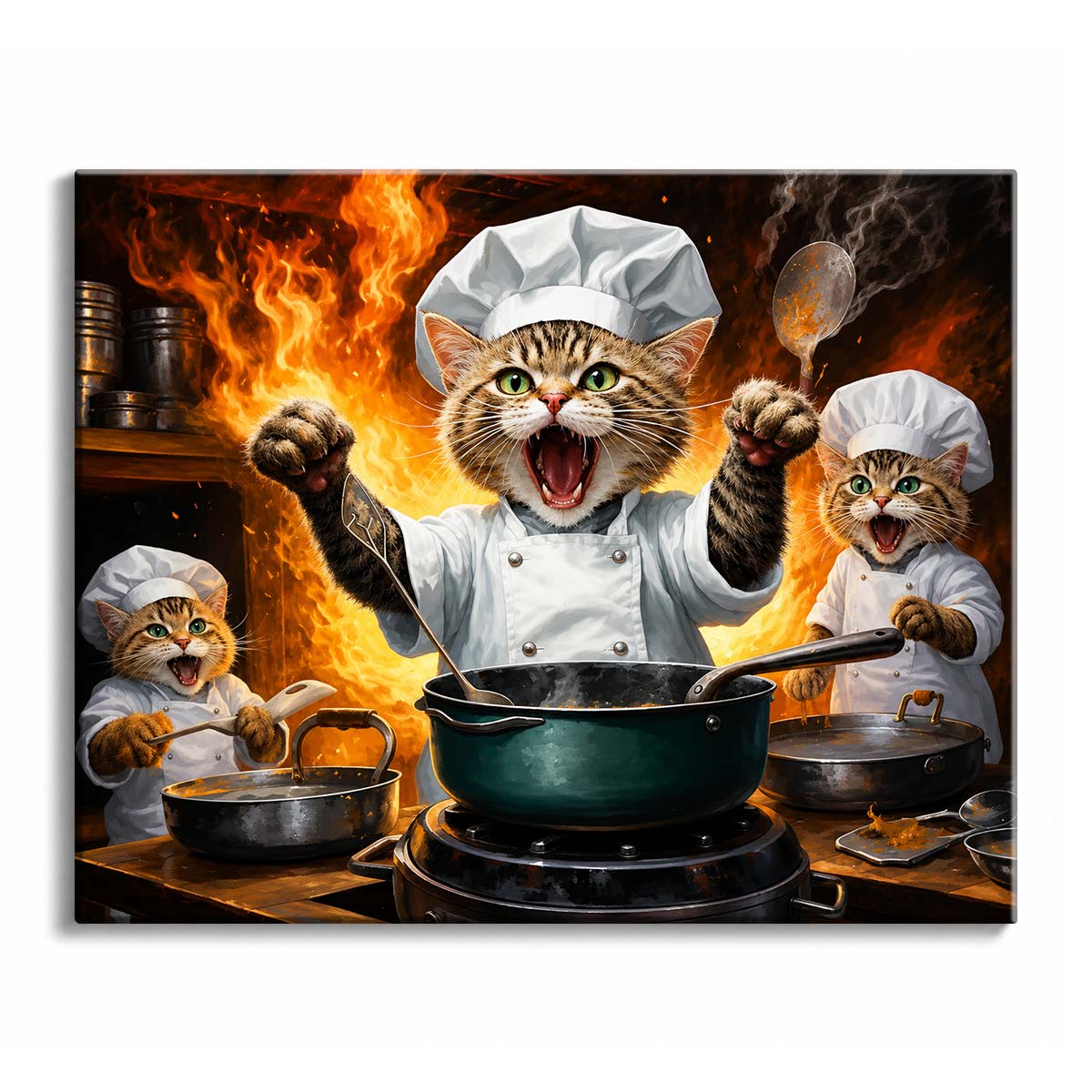 A cat paint by numbers design showing three tabby kittens in chef hats shouting over a pot on a stove as flames rise behind them.