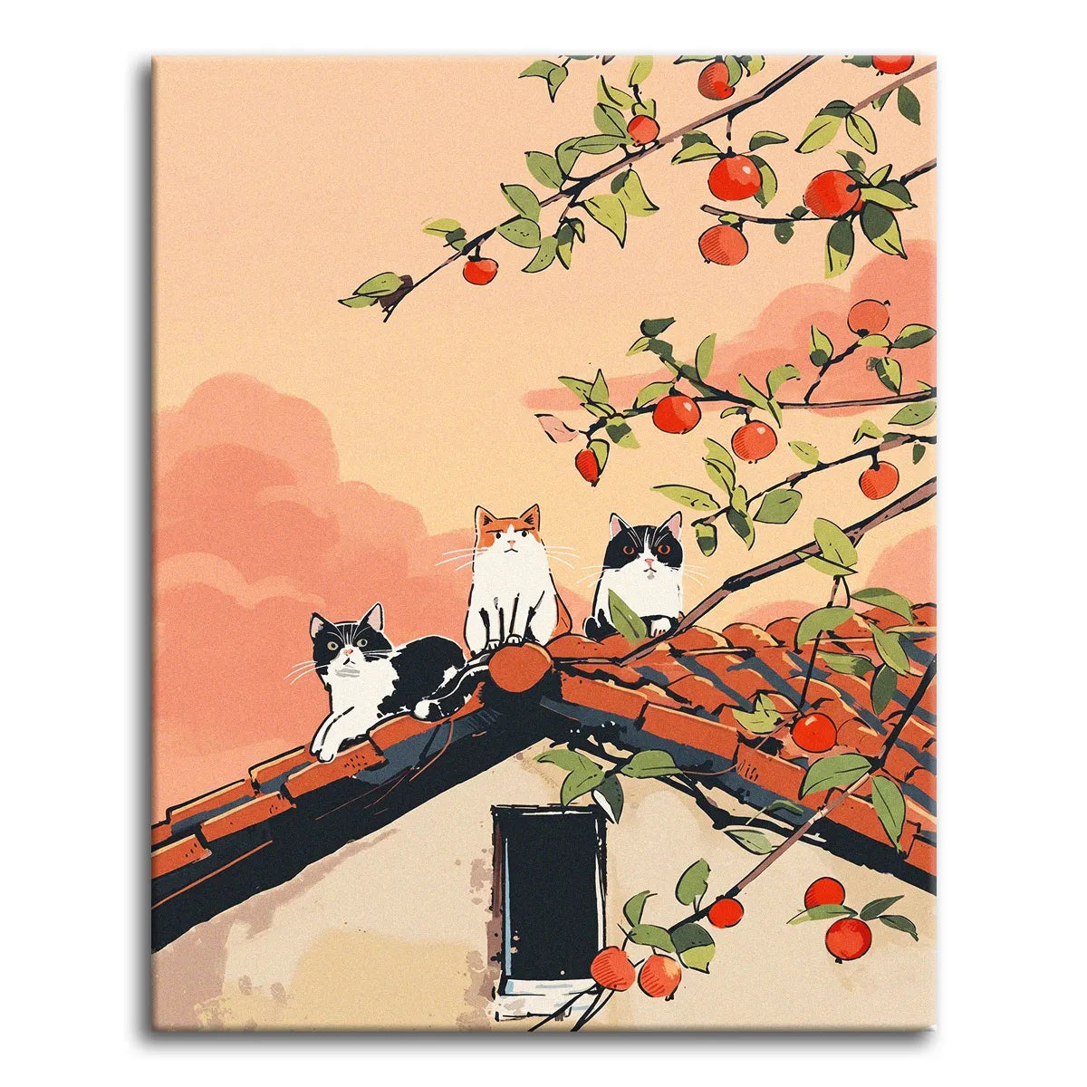 A paint by numbers scene of three cats on a tiled rooftop under a persimmon tree against a soft peach sky.