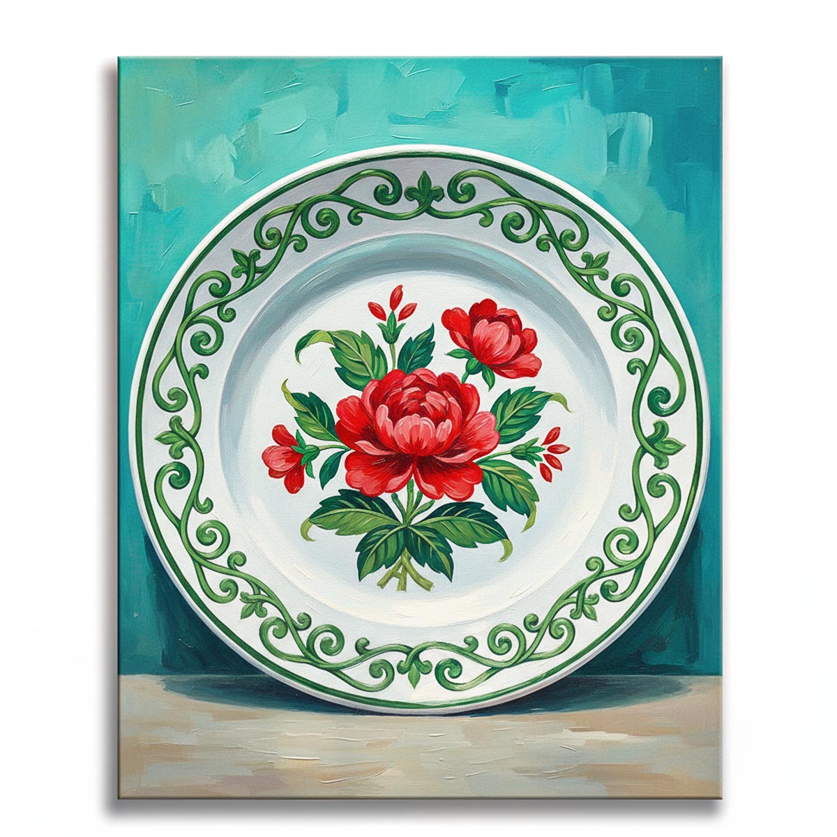Floral porcelain plate paint by numbers design with red flowers and green scrollwork