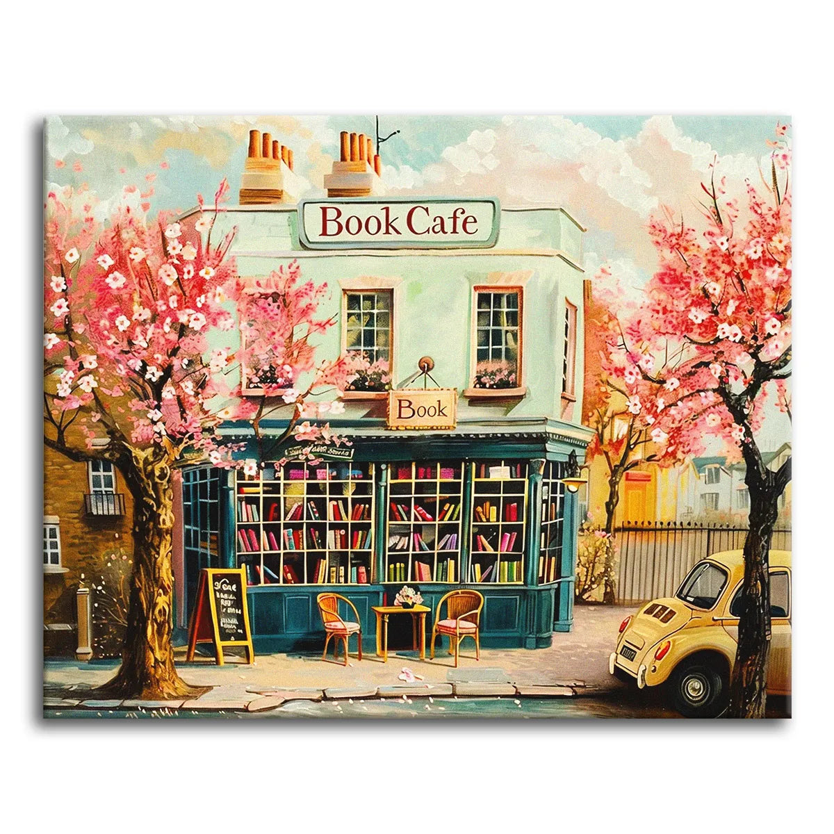 A paint by numbers corner book cafe with a teal storefront, shelves of books, pink cherry blossom trees, and a small yellow car at the curb.